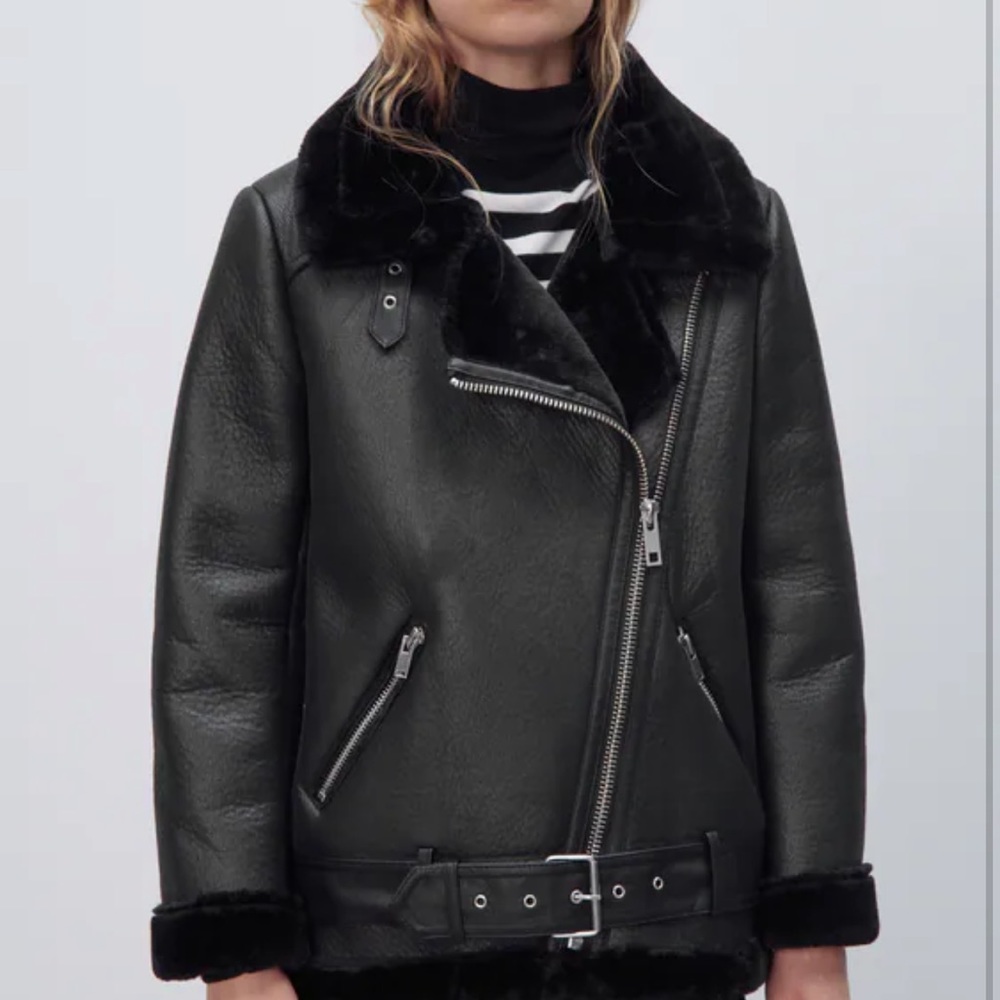 Zara aviator jacket black leather and faux fur
